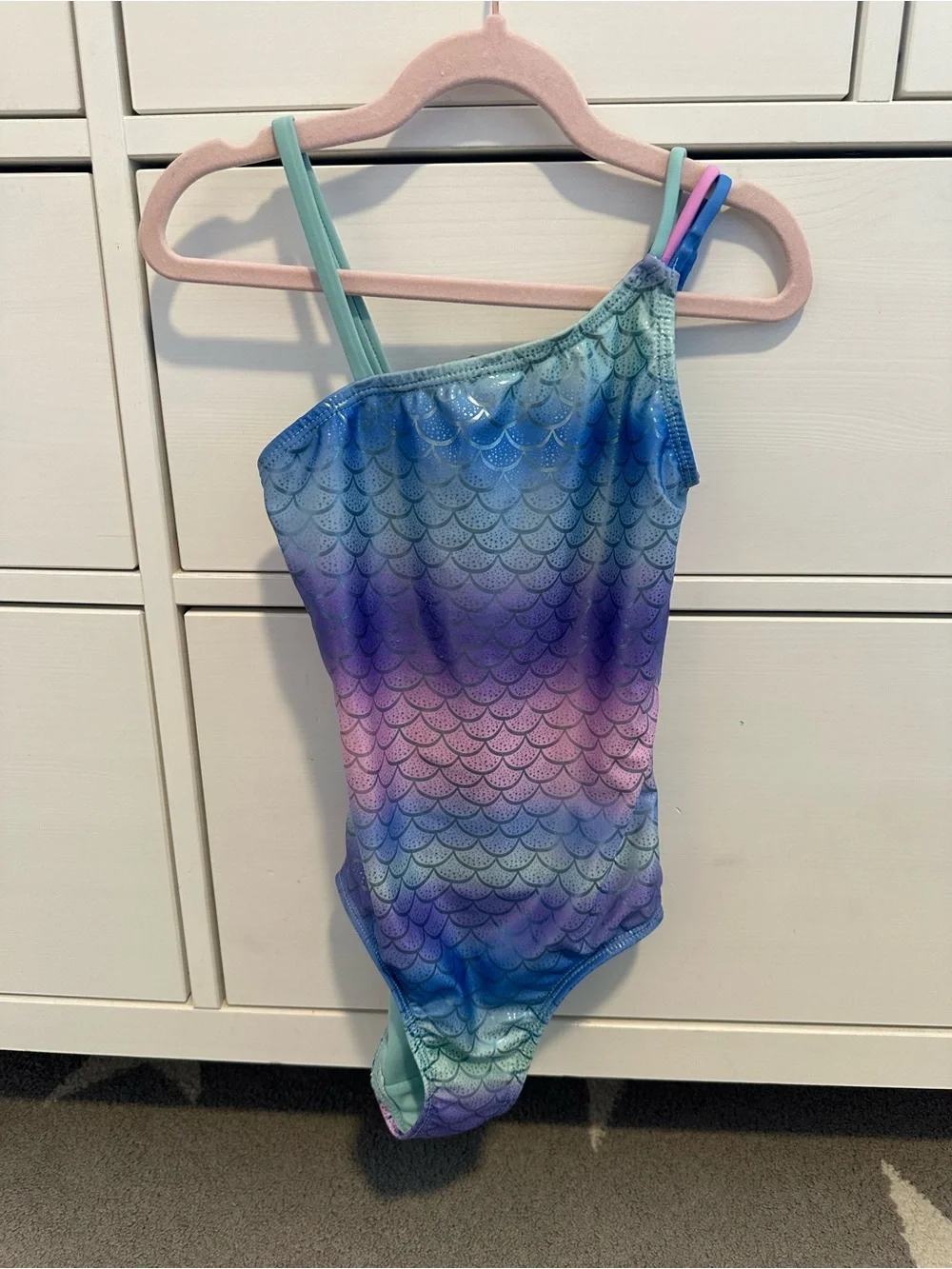 Girls One-Shoulder Mermaid Print Swimsuit in Aqua, Purple & Pink